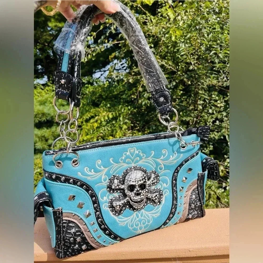 Turquoise Rhinestone Skull Concealed Carry Handbag and Wallet Set Handmade NWT - Picture 6 of 14